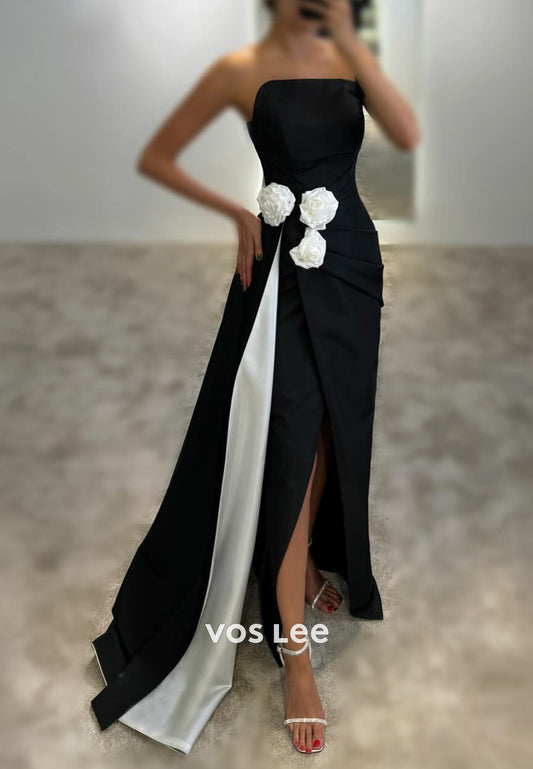 One Shoulder Floral Embellished Pleated Long Mermaid Prom Dresses with Side spilt