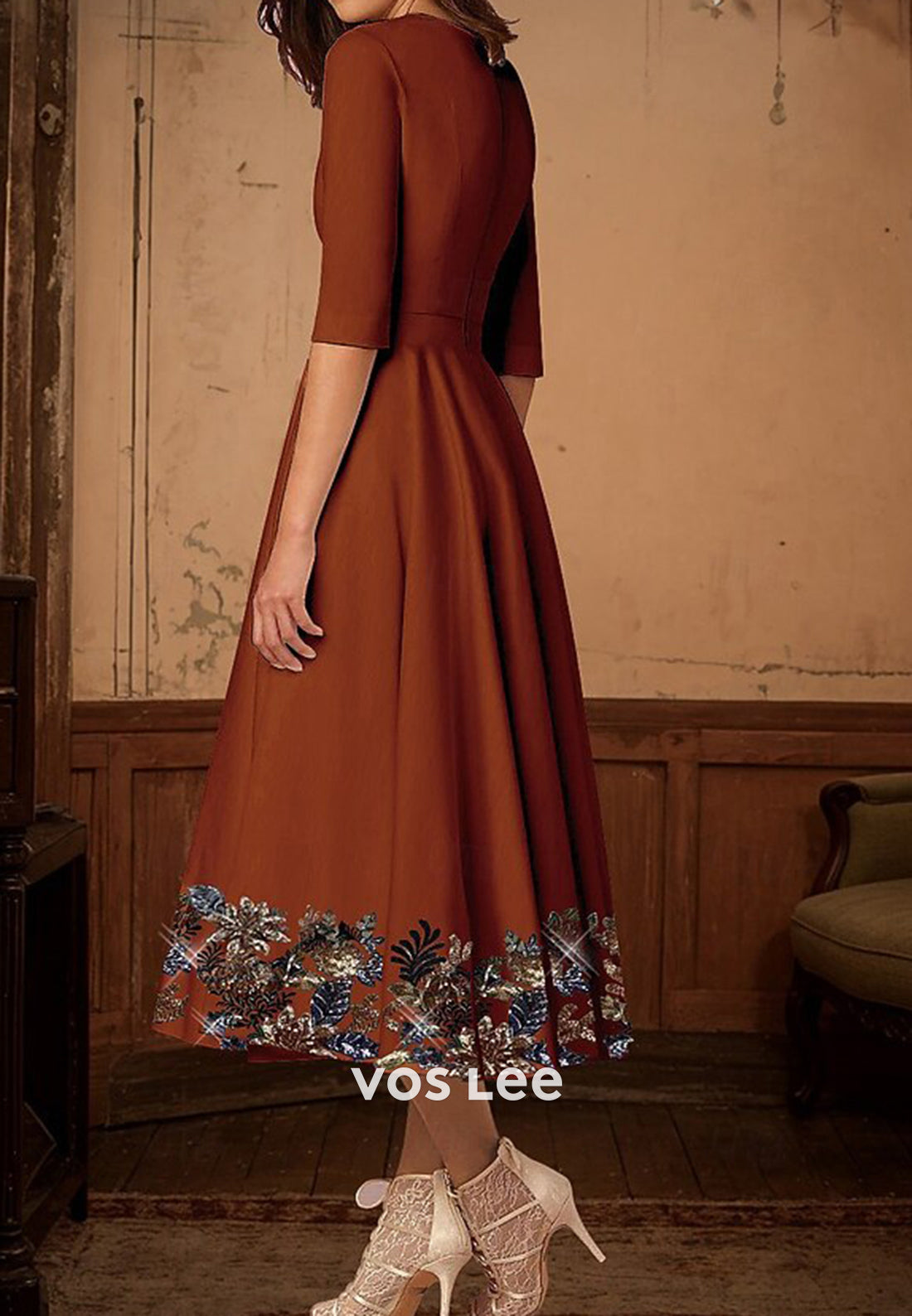 A-Line Half Sleeve V Neck Appliques Embellished Evening Dresses