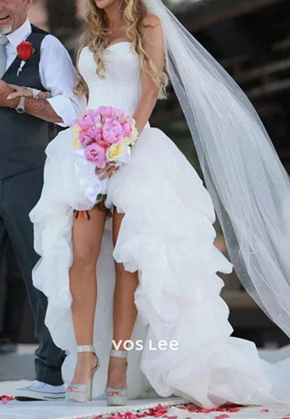 High Low A-Line Strapless Sweetheart Pleated Beach Wedding Dresses with Court Train