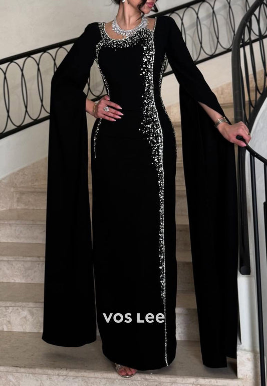 Long Sleeve Scoop Beading Embellished Floor-Length Sheath Evening Dresses