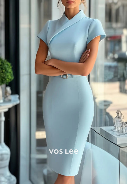 Classic Short Sleeve High Neck Knee-Length Pleated Mermaid Wedding Guest Dresses