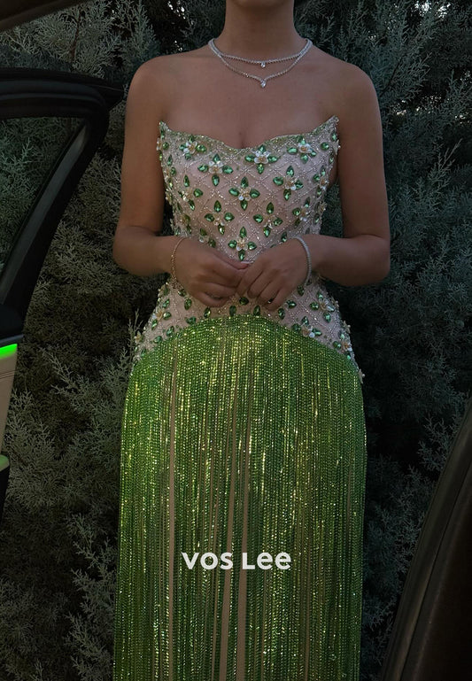 Green Strapless Scoop Beaded Rhinestone Fringe Sheath Prom Dresses