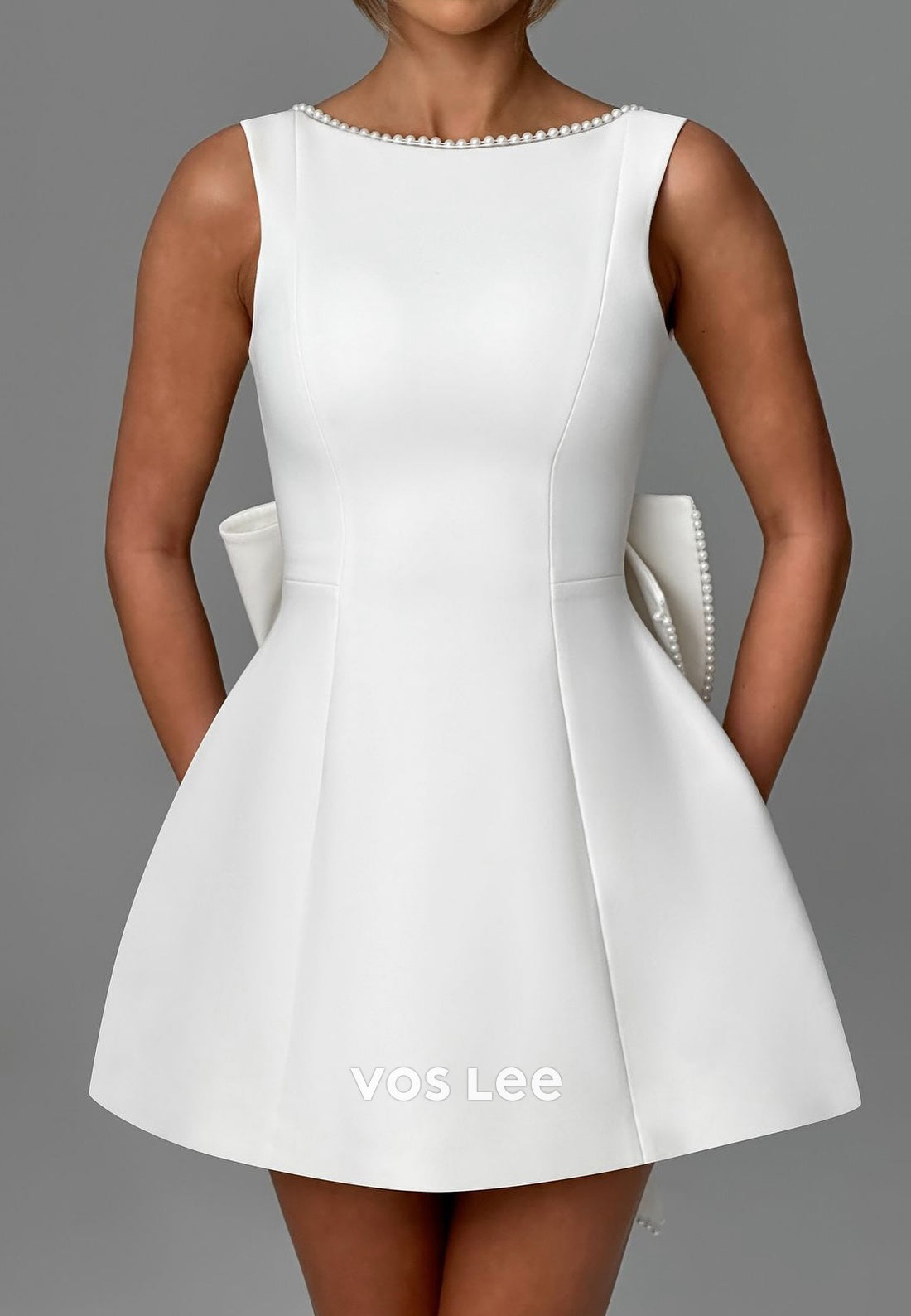 Mini & Short A-Line Scoop Bowknot Pearls Pleated Evening Dresses Party Dresses