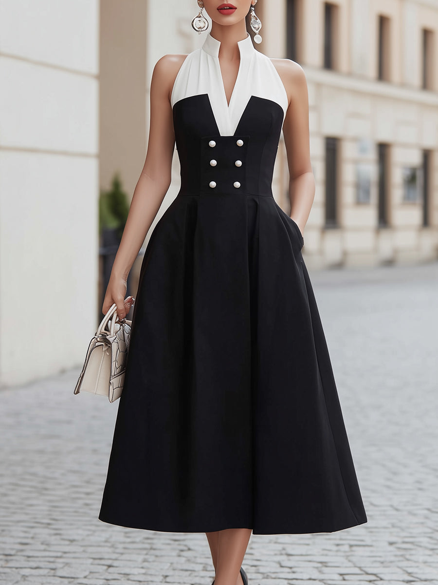 Elegant Halter Double-Breasted Midi Dress