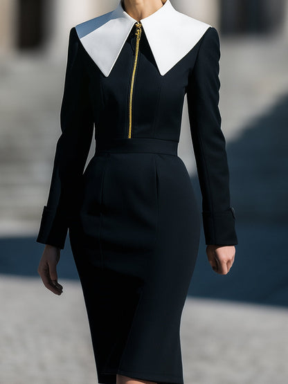 Black Midi Dress With Oversized Contrast Collar And Gold Zip