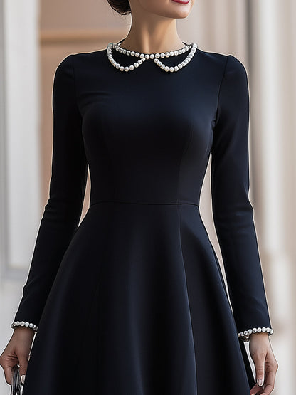 Elegant Black A-Line Dress With Pearl Trim
