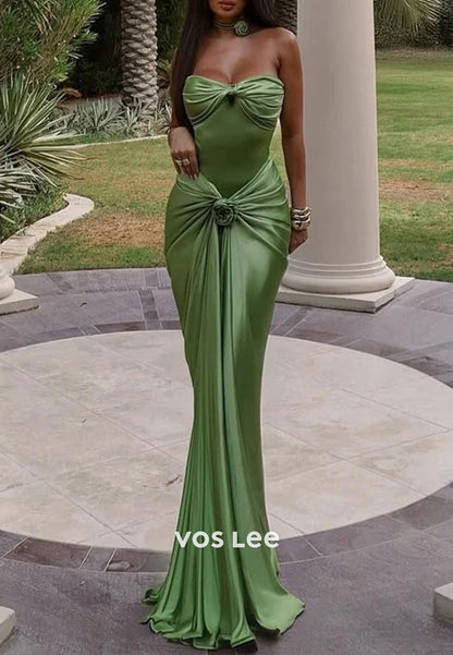 Sexy  Strapless Sweetheart Flowers Pleated Mermaid Prom Dresses with Sweep Train