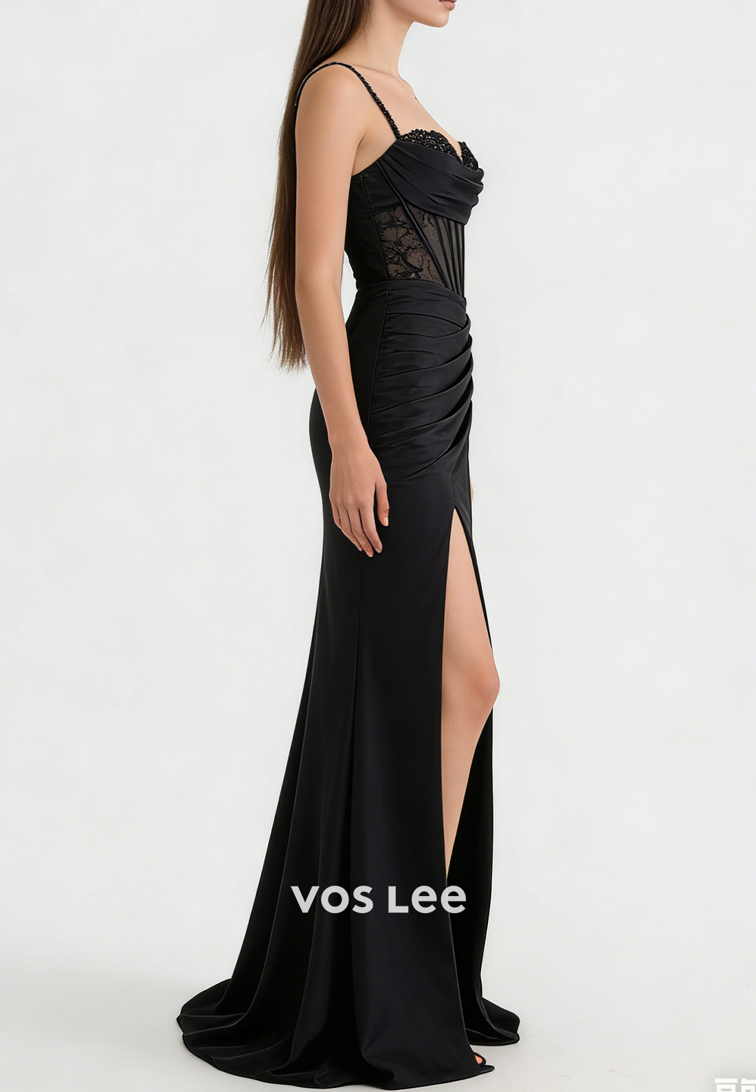 Spaghetti-Straps Sleeveless Lace Black Mermaid Prom Gowns With SPlit