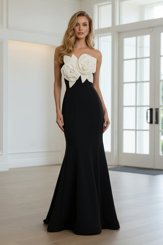 Black Strapless Crepe Mermaid Gown With 3D Flowers