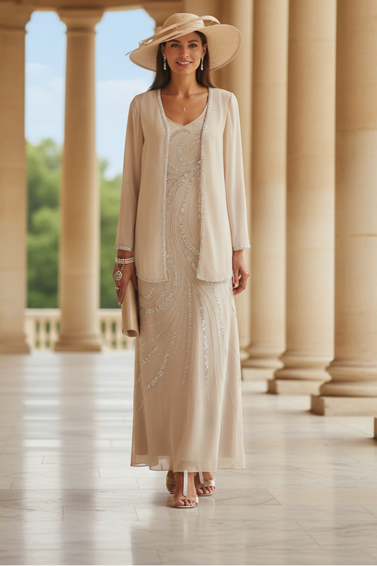 Sheath/Column V-Neck Ankle-Length Mother of the Bride Dresses with Jacket & Sequins Beading