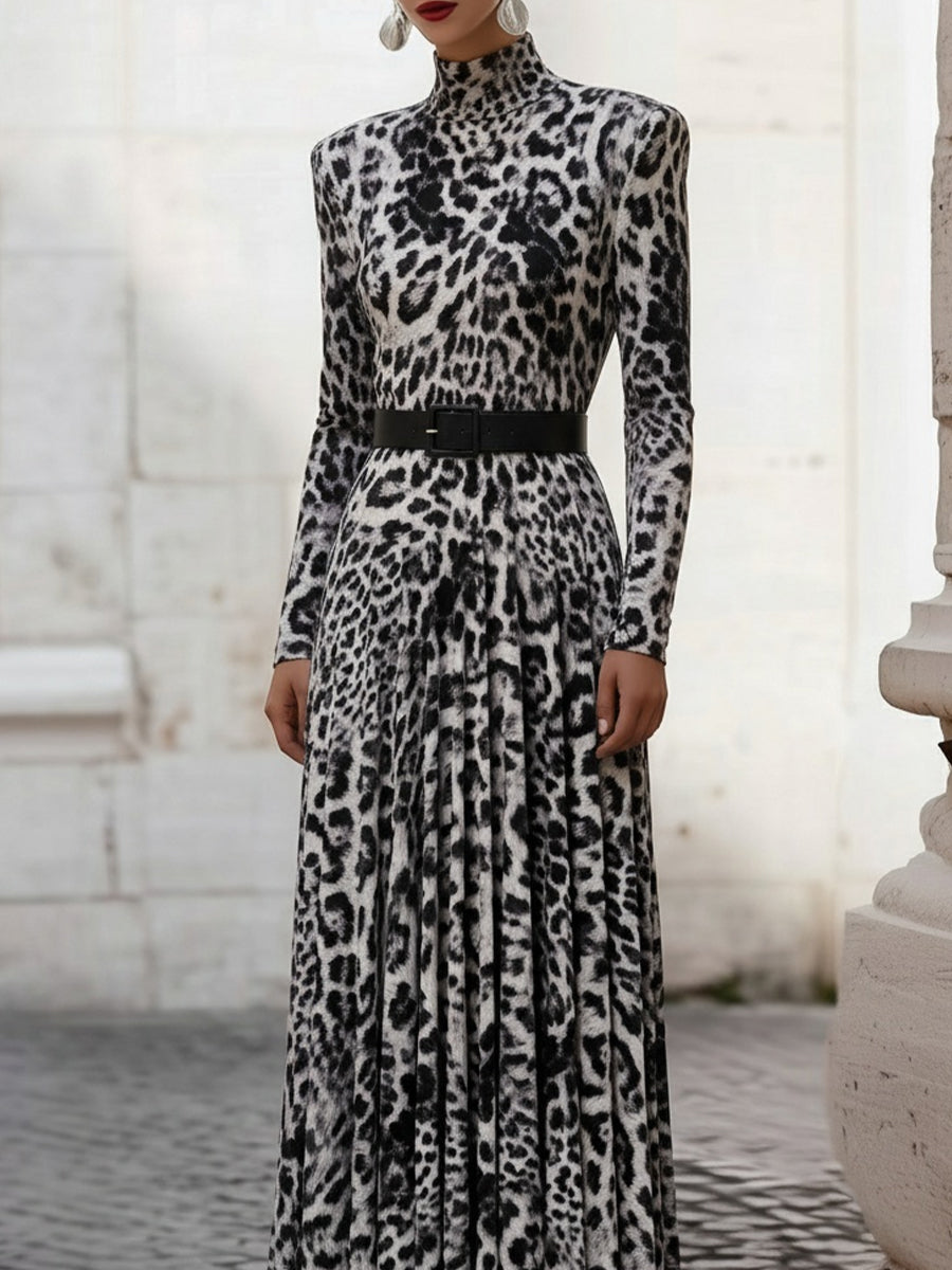Velvet Leopard Print High-Neck Maxi Dress