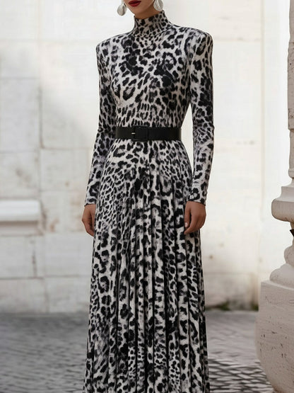 Velvet Leopard Print High-Neck Maxi Dress