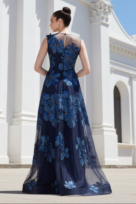 Floral Embroidered Tulle Gown With 3D Flower