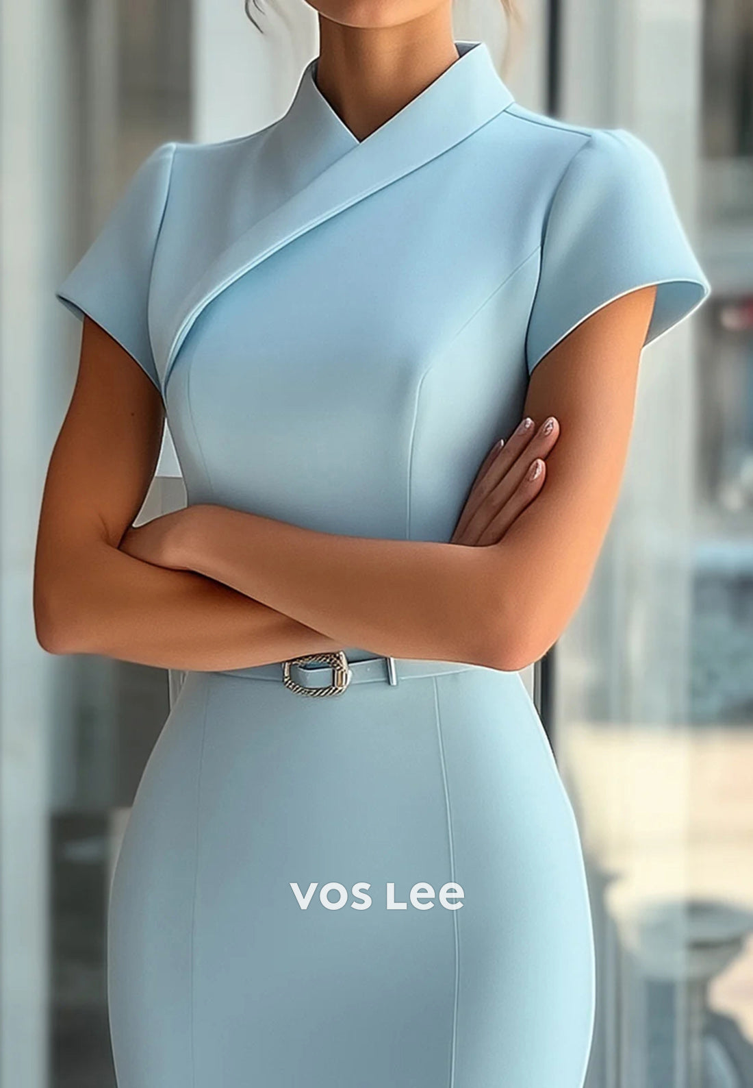 Classic Short Sleeve High Neck Knee-Length Pleated Mermaid Wedding Guest Dresses