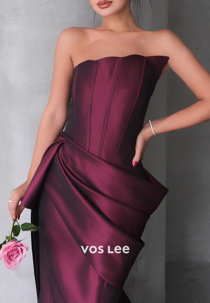 Classic & Timeless Strapless Pleated Mermaid Long Evening Dresses with Sweep Train