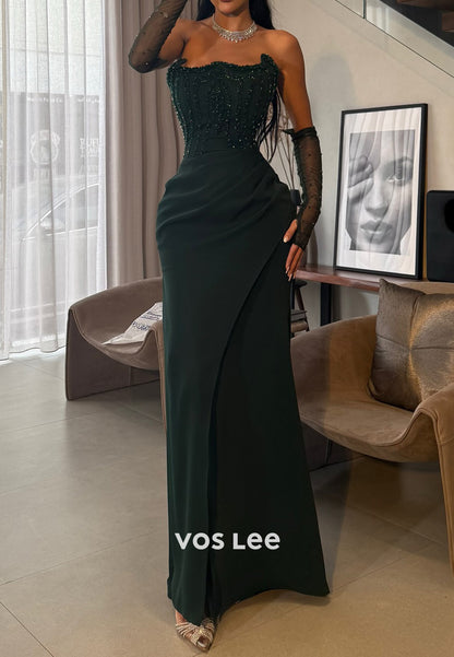 Strapless Beaded Embellished Floor-Length Pleated Mermaid Evening Dresses