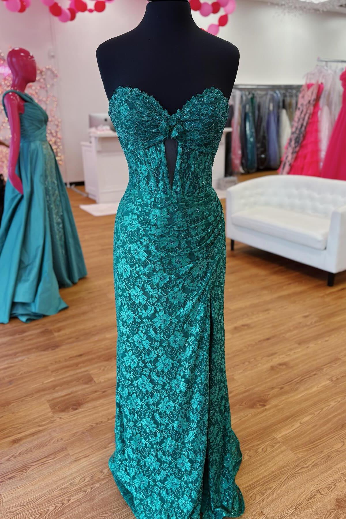 Sweetheart Corset Green Lace Fitted Ruched Long Prom Dress