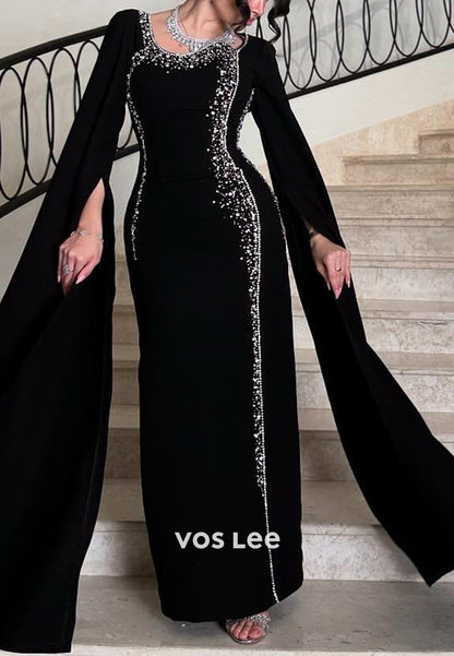 Long Sleeve Scoop Beading Embellished Floor-Length Sheath Evening Dresses