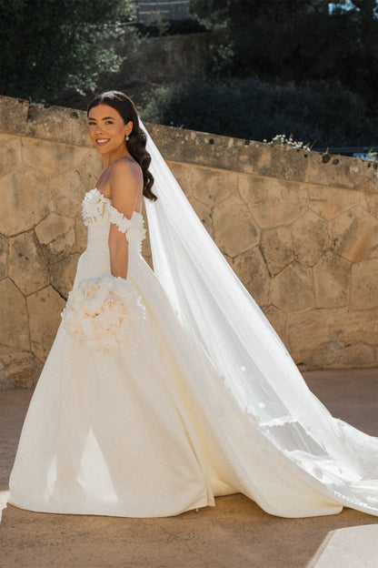 Gorgeous A Line Off the Shoulder White Long Wedding Dress with Appliques