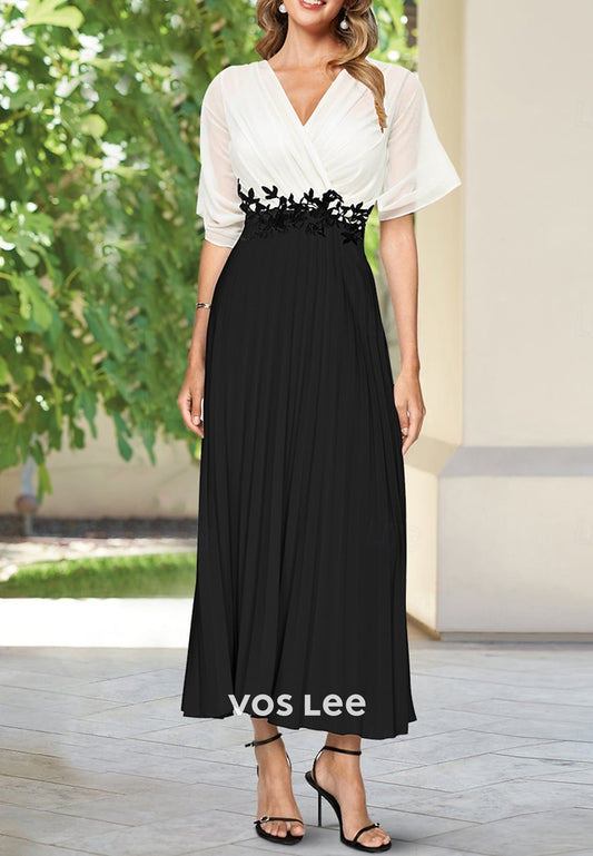 A-Line Short Sleeve V Neck Appliques Pleated Mother of Bride Dresses