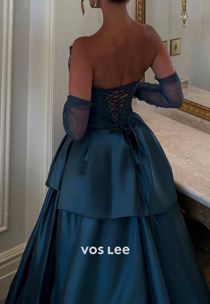 A-Line High Low Long Sleeve Rhinestone Pleated Evening Dresses with Court Train
