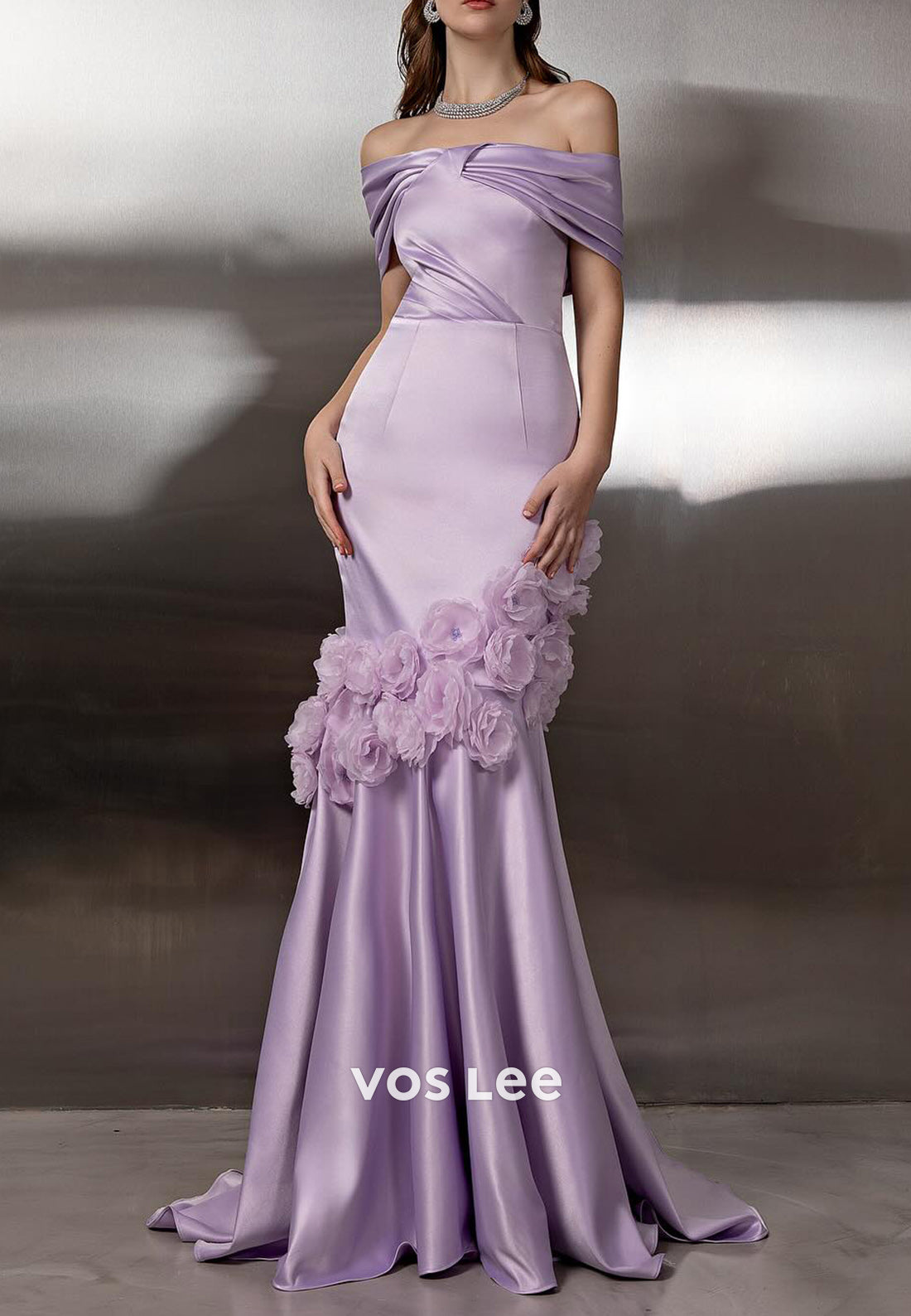 Lavender Off the Shoulder Floral Embossed Pleated Trumpet Prom Dresses