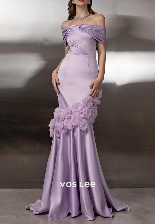 Lavender Off the Shoulder Floral Embossed Pleated Trumpet Prom Dresses