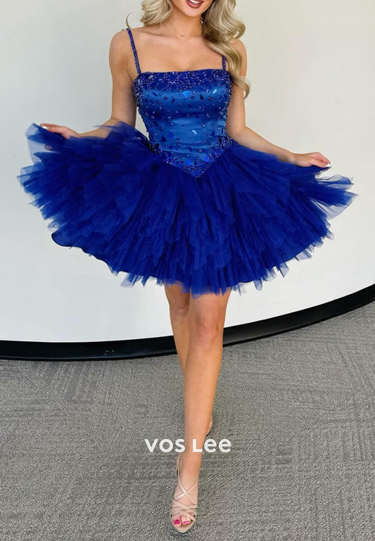 A-Line Spaghetti Straps Square Rhinestone Embellished Homecoming Dresses