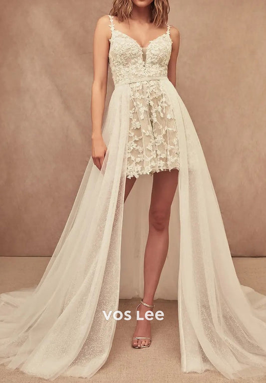 A-Line High Low Spaghetti Straps Sweetheart Appliques Lace Beach Wedding Dresses