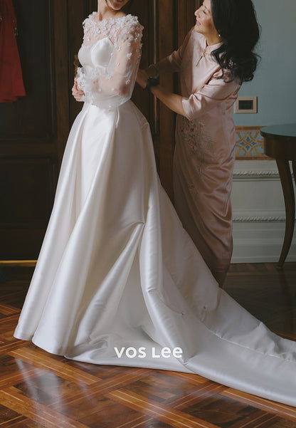 A-Line Long Sleeve Illusion Neck Appliques Wedding Dresses with Court Train