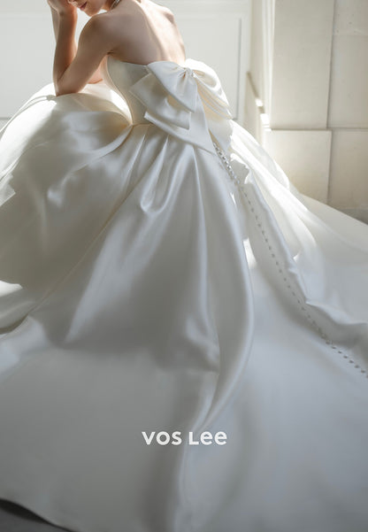 Couture Strapless Scoop Bowknot Pleated Wedding Dresses with Chapel Train