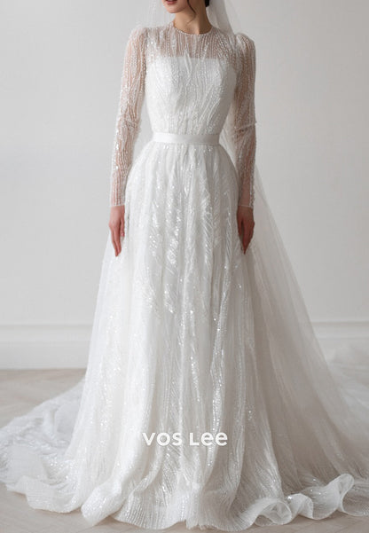 A-Line Long Sleeve Scoop Beaded Tulle Pleated Wedding Dresses with Court Train