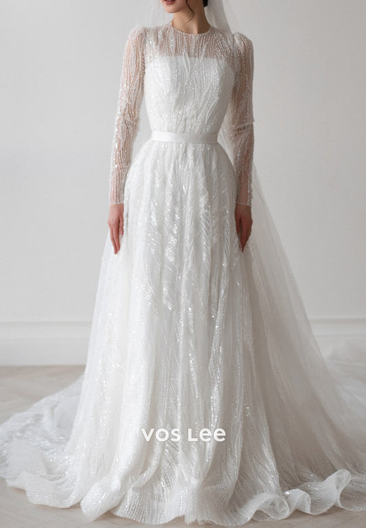 A-Line Long Sleeve Scoop Beaded Tulle Pleated Wedding Dresses with Court Train