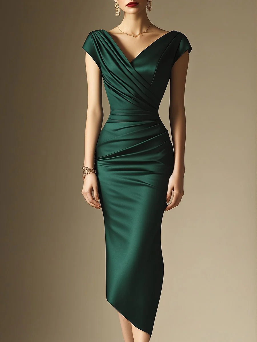 Simple & Classic Cap Sleeves V Neck Tea-Length Pleated Mermaid Wedding Guest Dresses