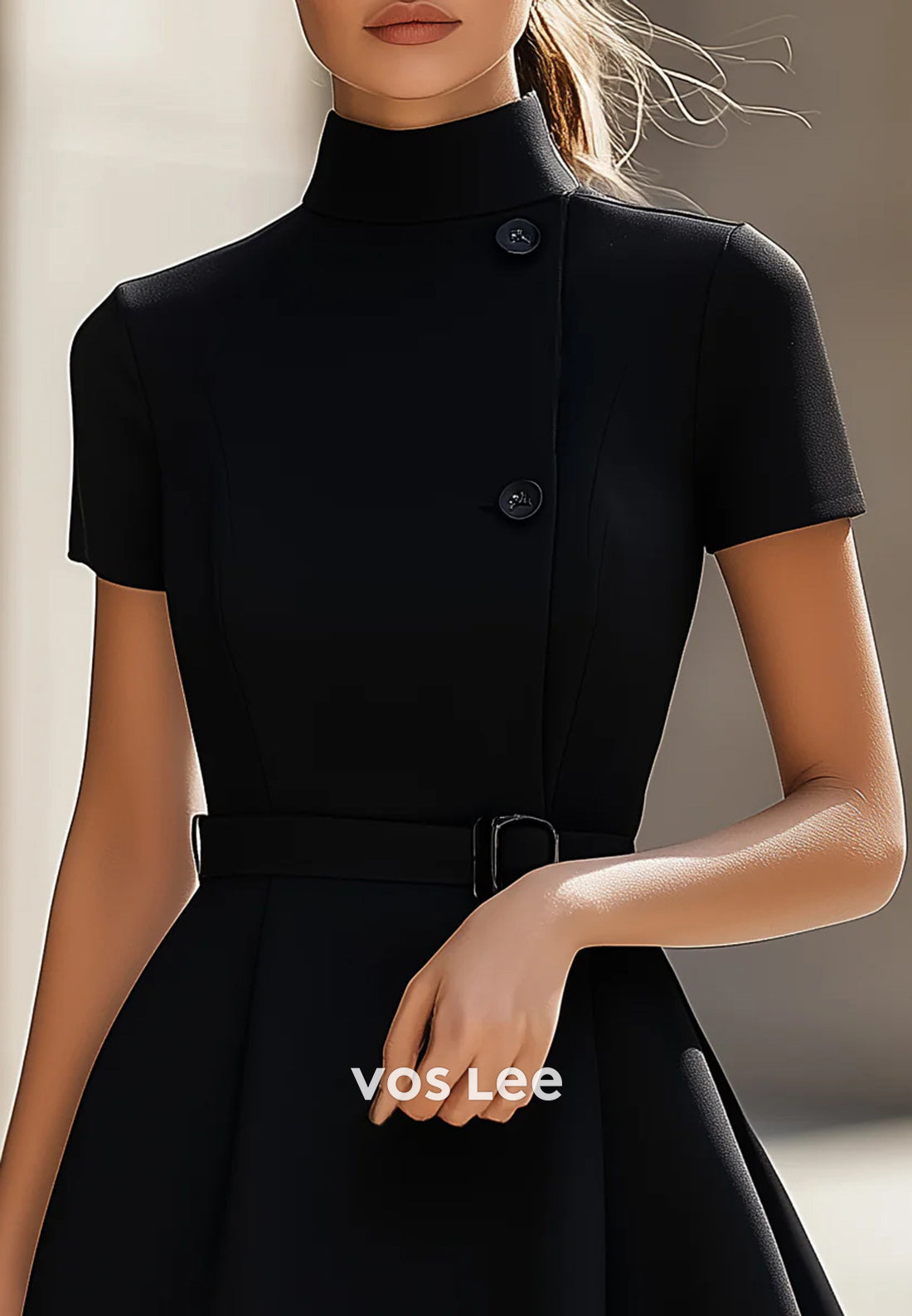 Mini & Short A-Line Short Sleeve High Neck Pleated Wedding Guest Dresses Party Dresses