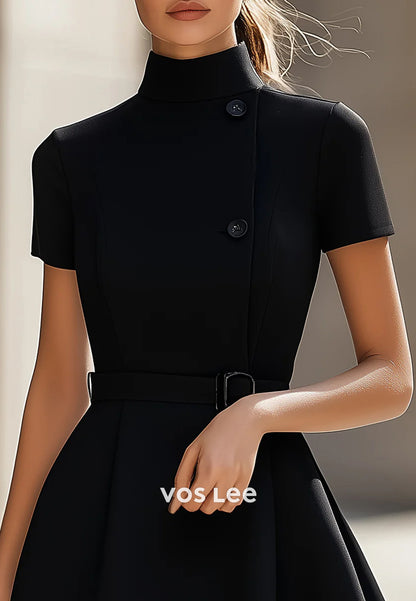 Mini & Short A-Line Short Sleeve High Neck Pleated Wedding Guest Dresses Party Dresses