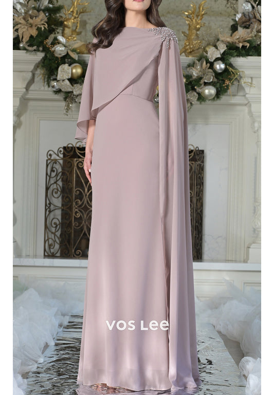 Scoop Beading Pleated Sheath Floor-Length Mother of Bride Dresses