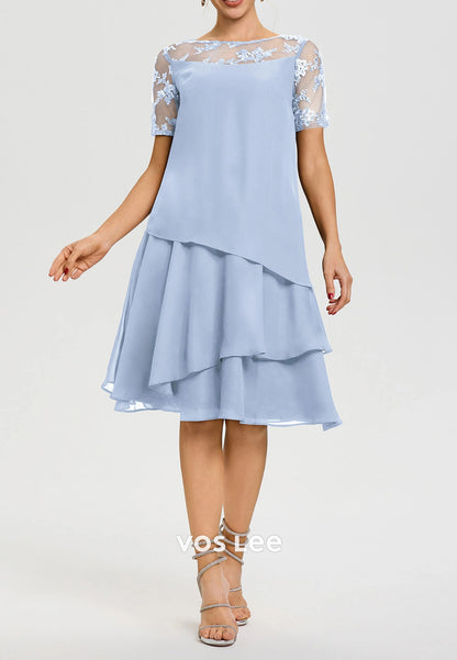 A-Line Short Sleeve Illusion Neck Knee-Length Mother of Bride Dresses with Tiered