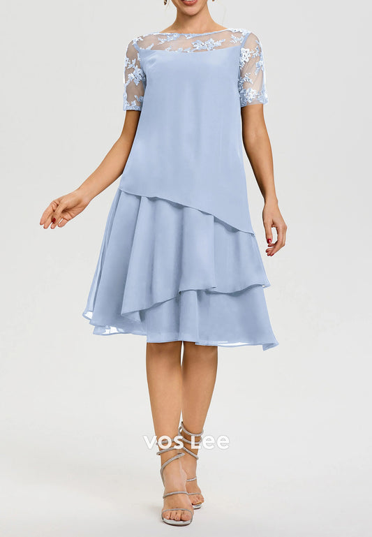 A-Line Short Sleeve Illusion Neck Knee-Length Mother of Bride Dresses with Tiered