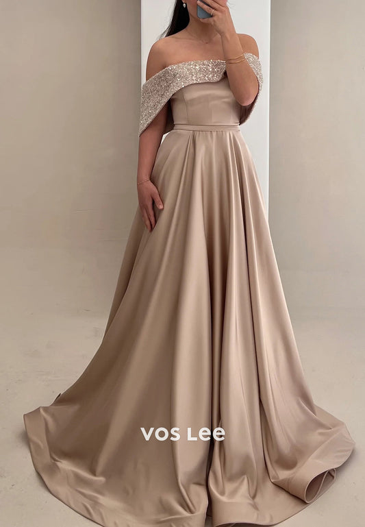Simple A-Line Off the Shoulder Sequins Pleated Evening Dresses with Court Train