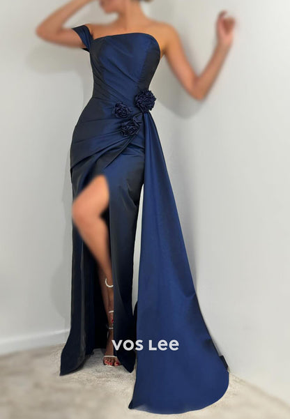 One Shoulder Floral Embellished Pleated Long Mermaid Prom Dresses with Side spilt