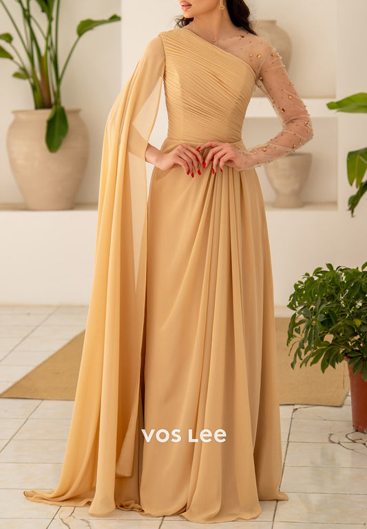 Long Sleeve A-Line Scoop Pleated Rhinestone Evening Dresses