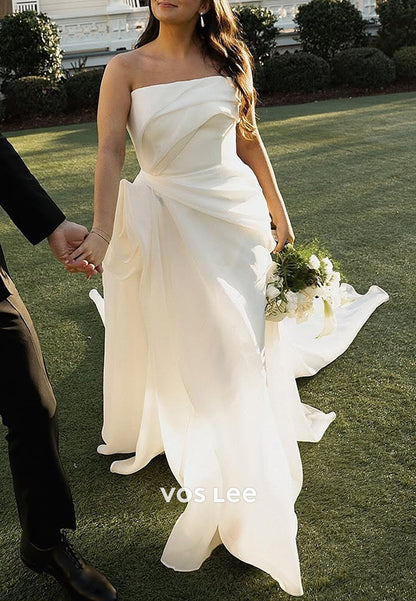 A-Line Strapless High Split Ruched Wedding Dresses with Court Train