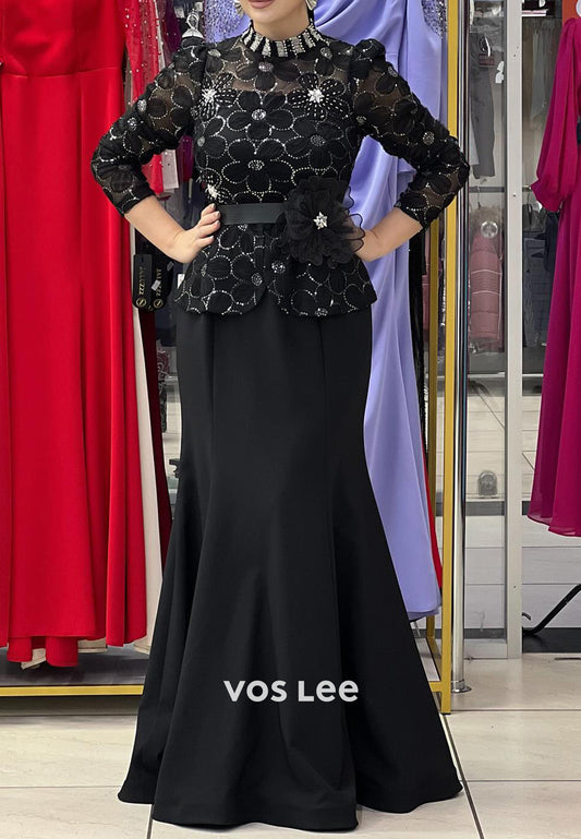 3/4 Sleeve Illusion Neck Flowers Pleated Floor-Length Mermaid Evening Dresses