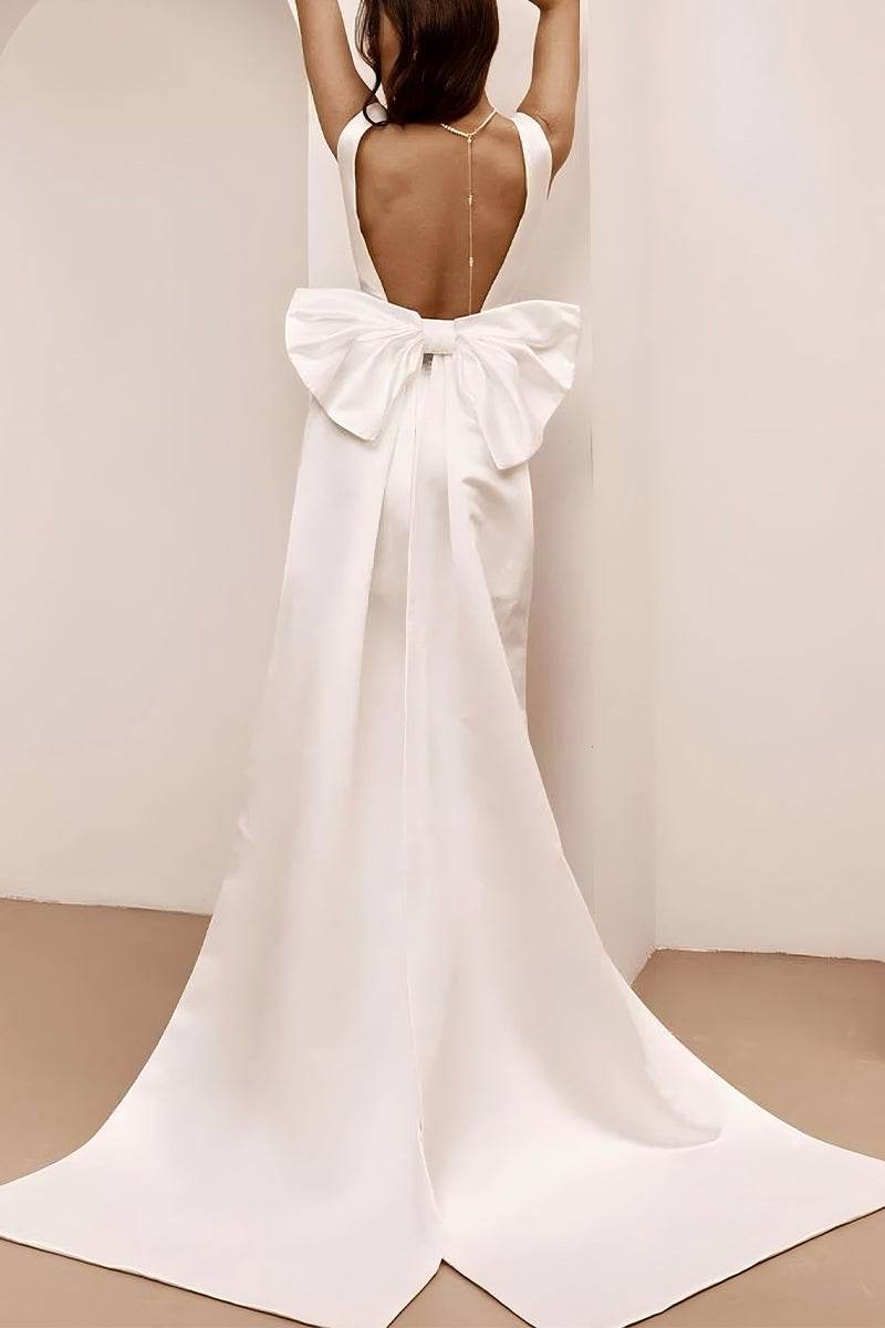 A-Line Short-Mini Satin Little White Dress With Bow