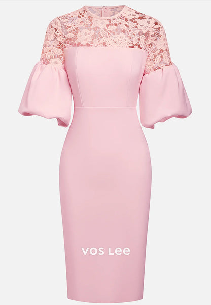 Half Sleeve Illusion Cutout Scoop Pleated Sheath Wedding Guest Dresses with Split