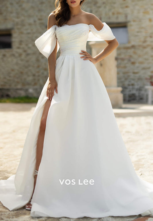 Simple Off the Shoulder Sweetheart pearls Pleated Wedding Dresses with Court Train