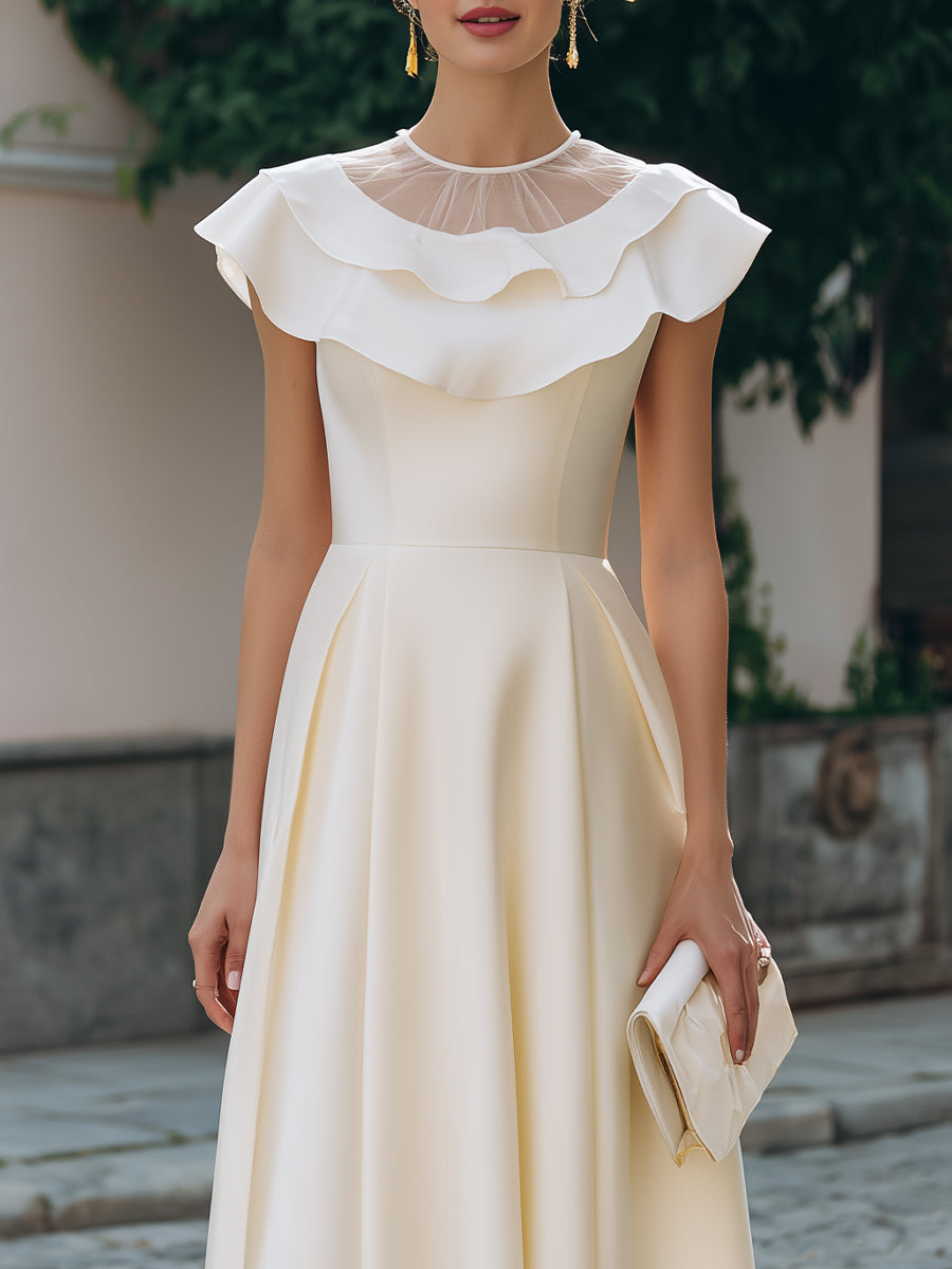 Ruffled Neckline Cap-Sleeve A-Line Midi Dress