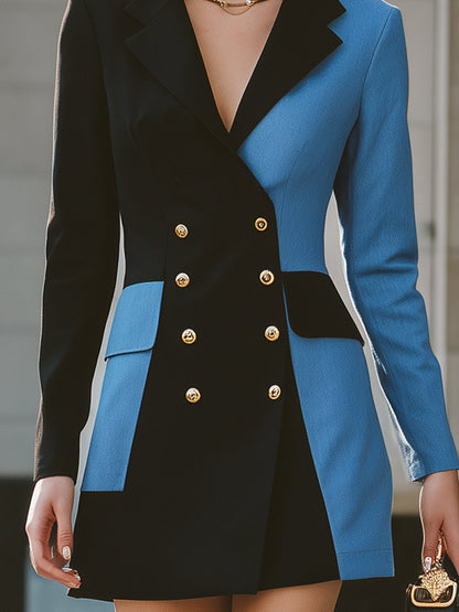 Modern Contrast Color Blazer Mini Dress With Gold Buttons