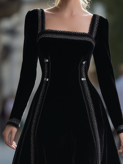 VOS LEE Timeless Black Velvet A-Line Midi Dress